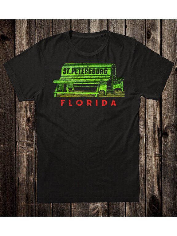 Retro Travel Tee T Shirt Vtg Art State Florida Saint Petersburg Green Bench