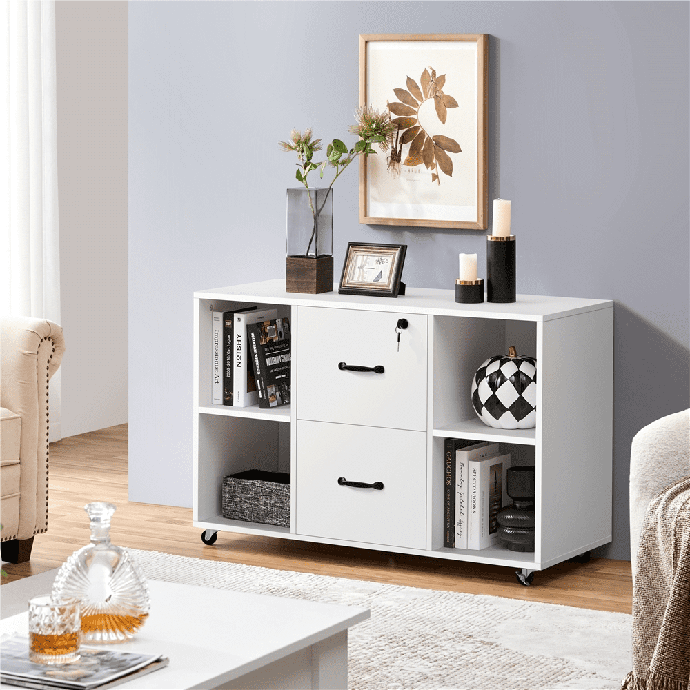 Alden Design Mobile Vintage File Cabinet with 2-Drawer for Home and Office, White