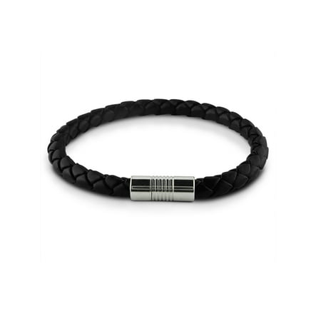 Mens Braided Leather Bracelet - Braided 6mm Black Leather and Stainless Steel Magnetic Mens Bracelet (8 inches)