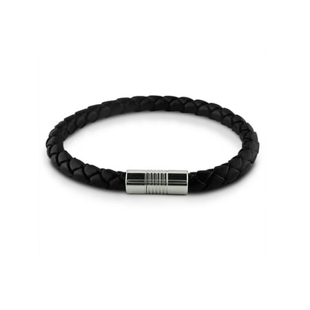 Braided 6mm  Black Leather and Stainless Steel Magnetic Mens Bracelet (8