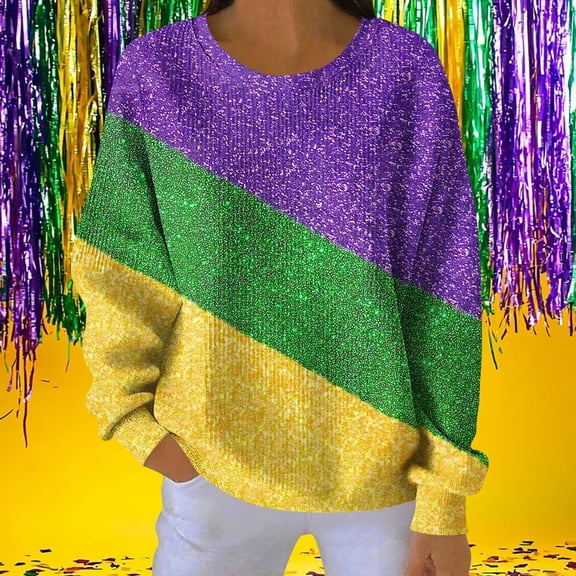 NuoCaiYun Sweatshirt for Women Crewneck Carnival Pullover Casual Mardi Gras Print Long Sleeve Tops