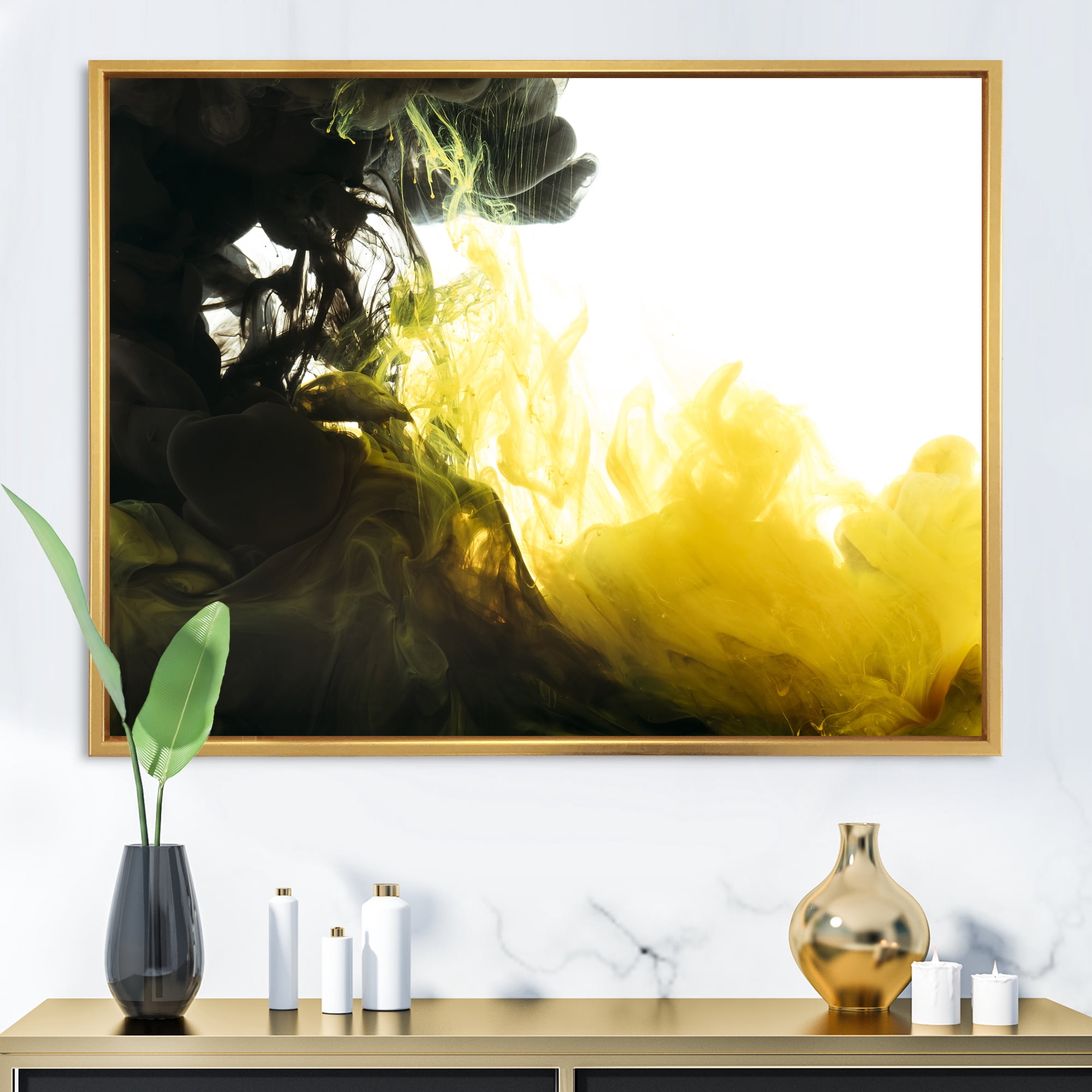 Designart 'Abstract Of Yellow Meeting Black' Modern Framed Canvas Wall Art Print