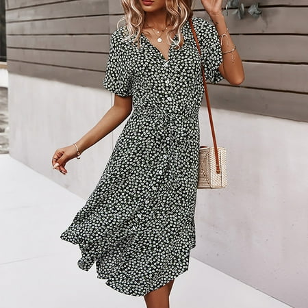 

Leesechin Womens Dresses Clearance Summer Bohemian Print Short Sleeve Button Bandage Knee Length Dress