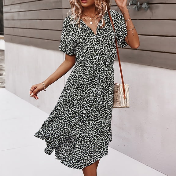 Kayannuo Dresses For Women 2023 Christmas Sun Dresses Women Summer Casual Women'S Summer Bohemian Print Short Sleeve Button Bandage Knee Length Dress Black