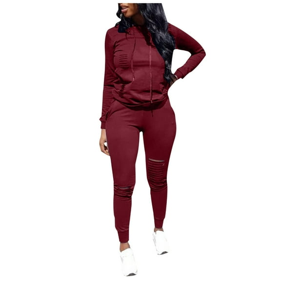 WEIYLL Hoodies for Women Tracksuit Outfits Sports Long Sleeve Ripped Pullover Sweatsuits Brown Womens Fall Activewear M