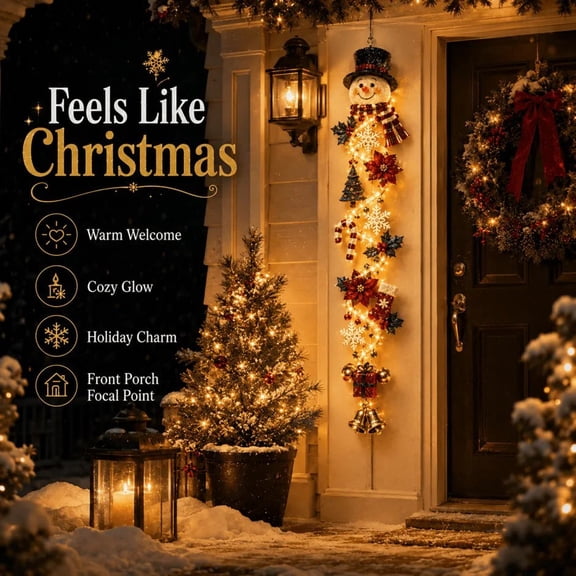 Glowing Snowman Christmas Door Hanger, Lighted Vertical Hanging Decor with Warm LED, Holiday Porch Wall Decoration