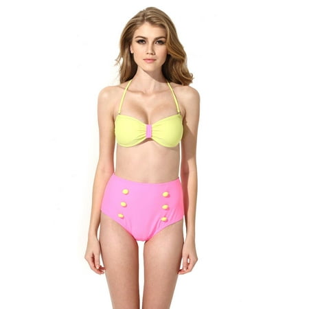 Colloyes 2015 Nuevo Traje De Baño De Color Amarillo Verdoso Bikini Rosa Sexy Con Bandeau Superior Y Alta Cintura Tamaño Inferior M