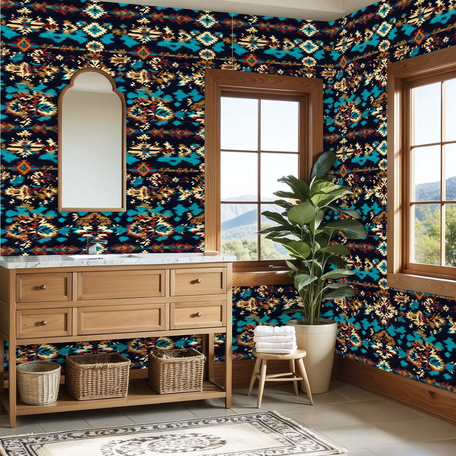 Peel and Stick Wallpaper Native American Southwest Aztec Navajo Tribal Wall Mural 23.6in x 9.8ft Self Adhesive Removable Wall Paper Renter Friendly Wallpaper for Bedroom Bathroom