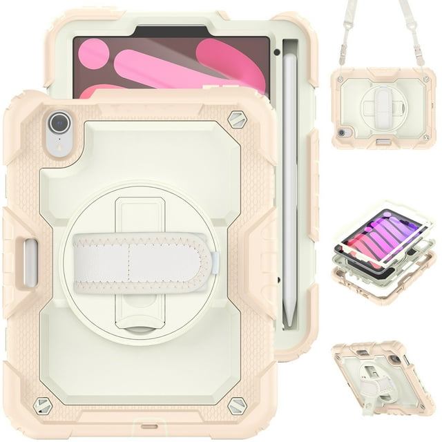 Case for iPad Mini 7 A17 Pro 2024/Mini 6 2021 8.3 Inch 7th/6th Gen with Screen Protector, 360 Degree Rotating Kickstand Hand Strap Shockproof Cover with Shoulder Strap, Cream Rose Gold