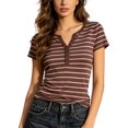 thumbnail image 2 of Womens Tshirts Striped Print Short Sleeve Notch V Neck Half Button Top Tees for Women Coffee M, 2 of 4