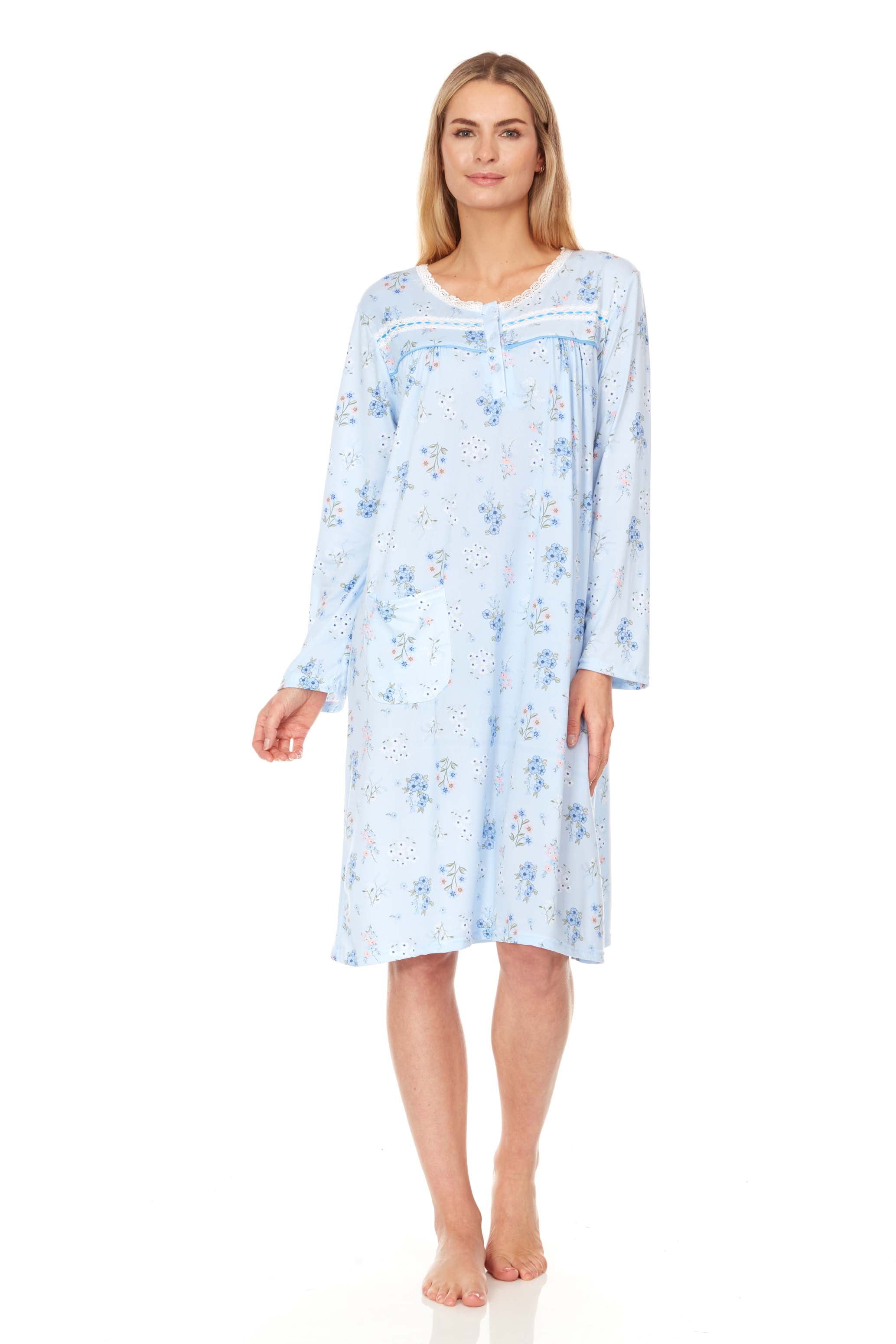 6014 Womens Nightgown Sleepwear Pajamas Woman Long Sleeve Sleep Dress Nightshirt Blue L