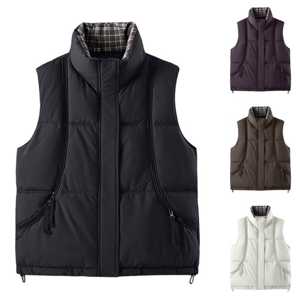 Women's Stand Collar Quilted Puffer Vest Fashion Plaid Lined Sleeveless Padded Gilet Casual Loose Winter Warm Layering Outerwear