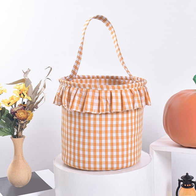 Cesta a cuadros de Halloween con borla | Cesta de mano estilo barril | Tela a cuadros clásica negra naranja morada | Almacenamiento ligero y plegable | 8,85 x 8,85 x 9,25 pulgadas | 1 Pieza | Bolsa