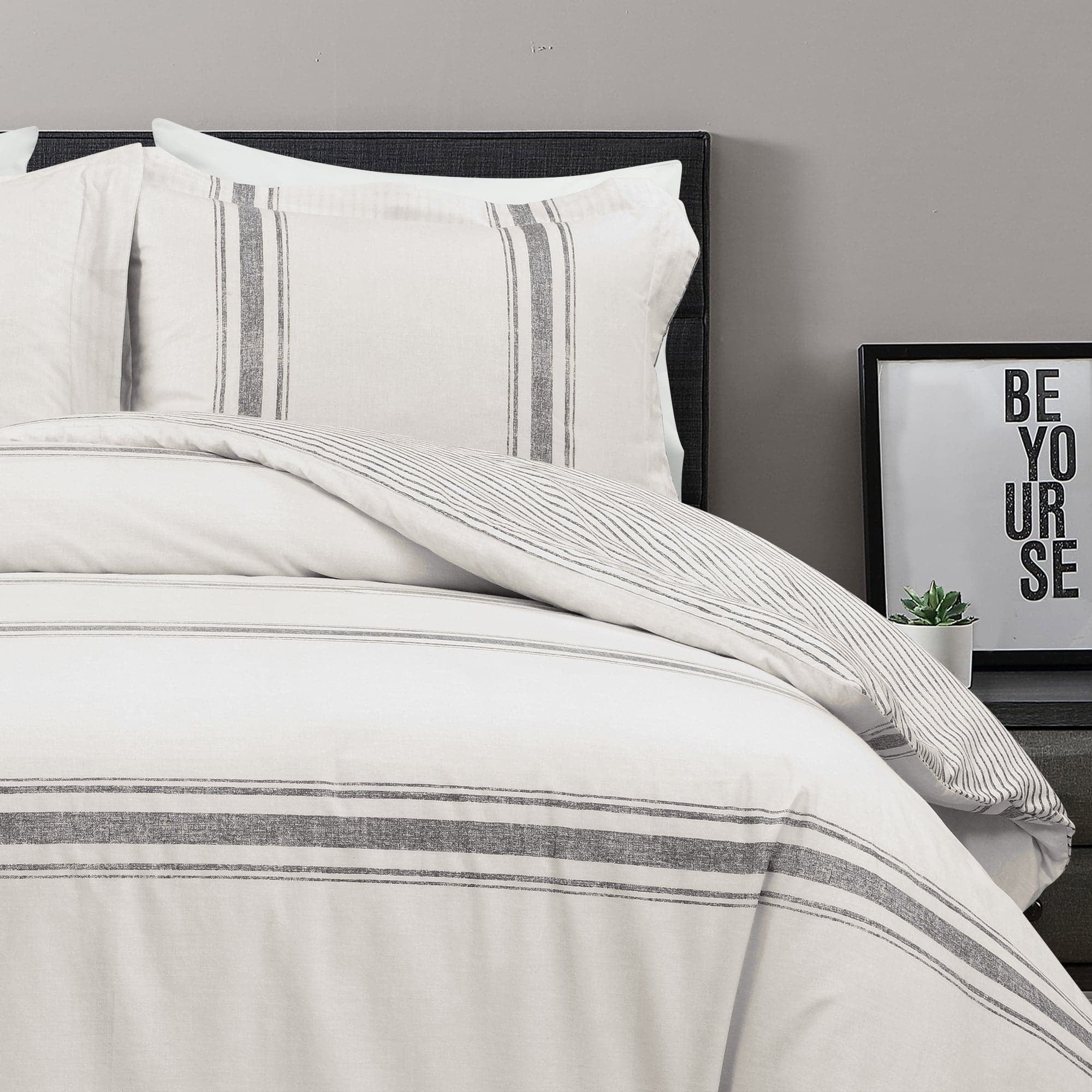 Lush Decor Farmhouse Stripe Reversible Cotton Duvet Cover Black 3Pc Set Full/Queen