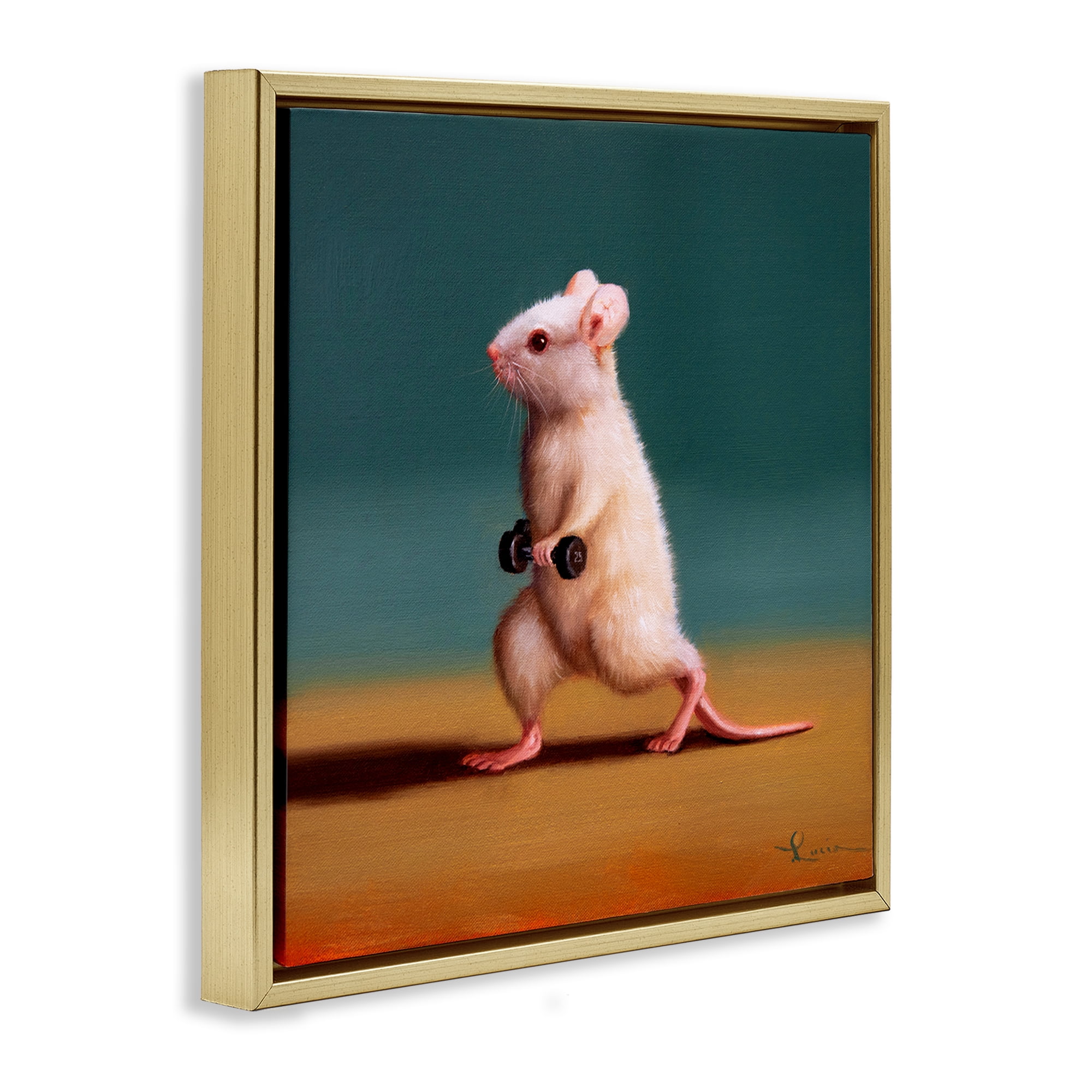 Stupell Industries Weight Exercising Mouse Animals Painting Gold Floater Framed Canvas Art Print Wall Art, 25 x 25