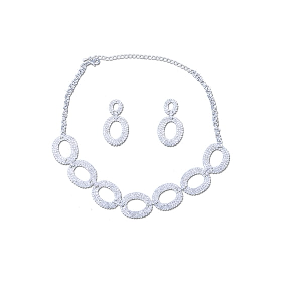 Silver Crystal Rhinestone Linked Circles Necklace and Matching Drop Earrings Jewelry Set