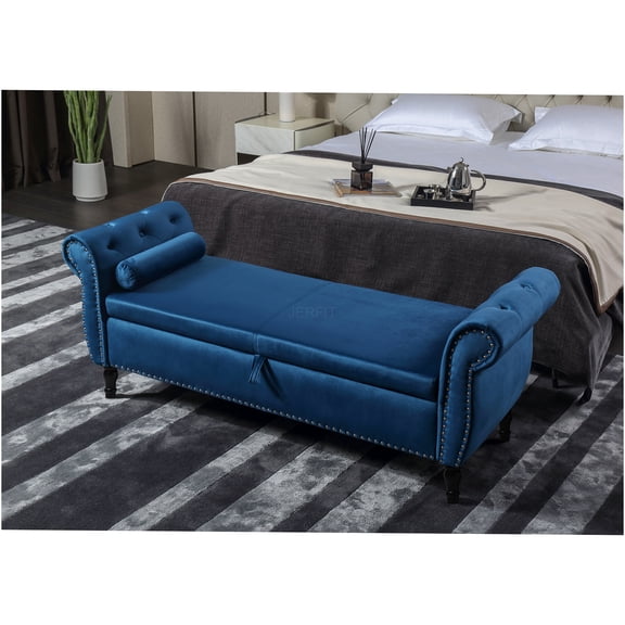 JERFIT Blue Velvet Storage Ottoman Bench with Flip Top Lid, Tufted Backrest and Nailhead Trim for Living Room Bedroom