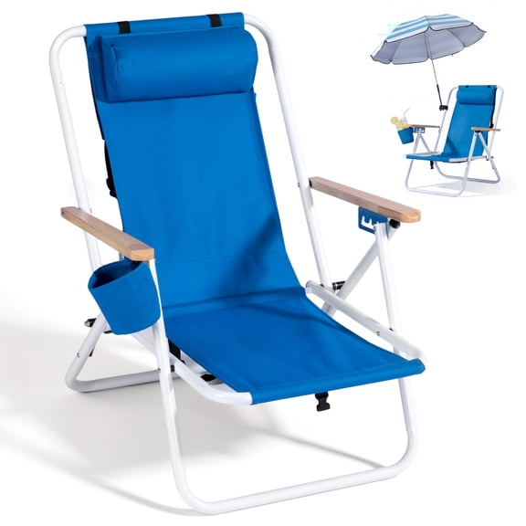 Vebreda Beach Chair with Umbrella, Folding Heavy Duty Camping Chair, Blue