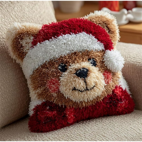 Latch Hook Pillow Kits For Adults Kids Beginners Cute Bear 17X17 In Diy Pre-Printed Latch Hook Rug Carpet Cushion Kits Cross-Stitch Embroidery Cushion Embroidered Pillow For Home Sofa Decora