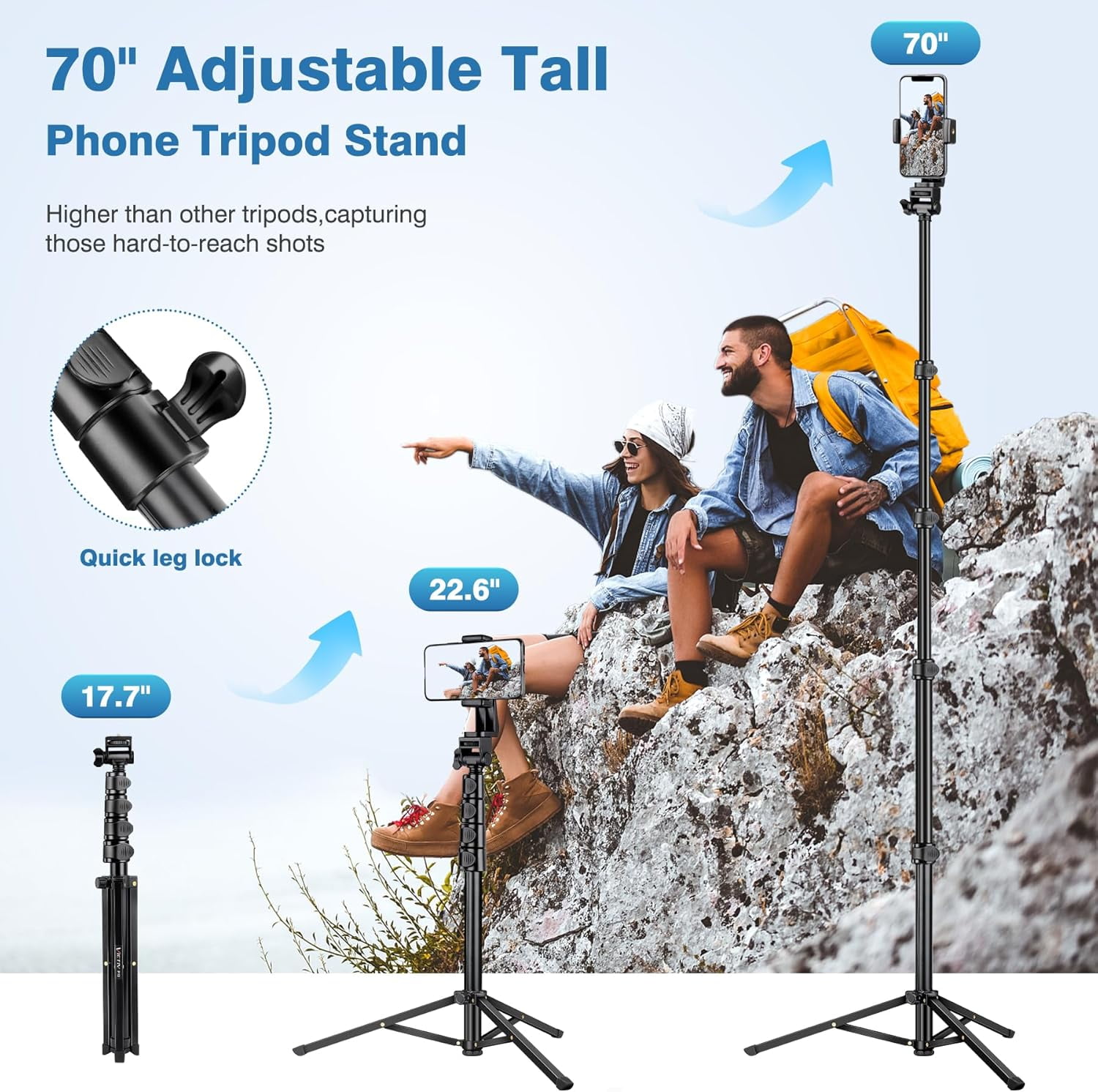 A house of tools 70" Phone Tripod with Remote & Holder, Portable Cell Phone Stand, Selfie Stick for Video Recording, Compatible with iPhone 14/13 Pro Max/Android/Camera
