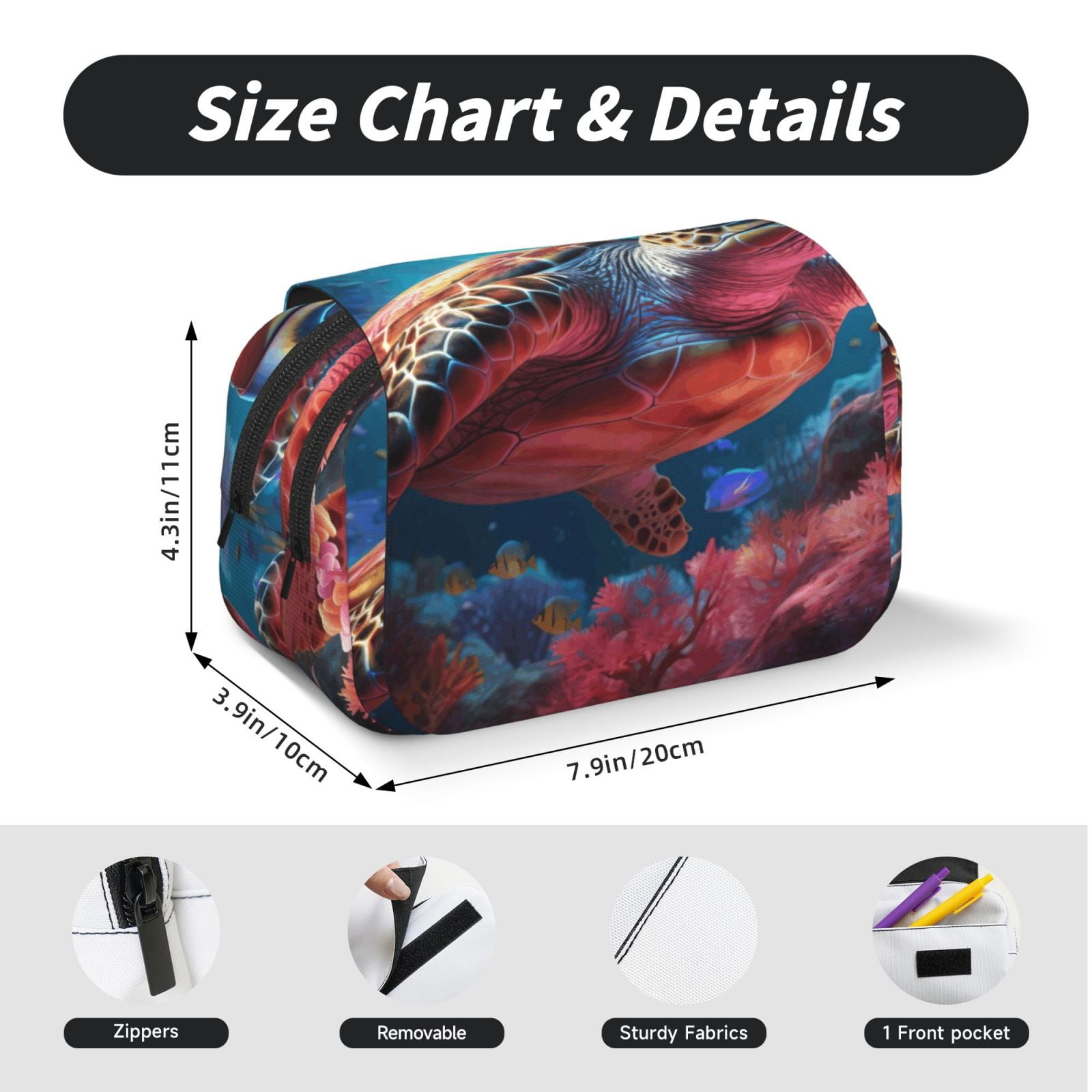 Rateoe Colorful Ocean Sea Turtle Pattern Double Clamshell Pen Case, Storage Organizer with Two Zipper Compartments– Holds Up to 50 Pencils & Pens