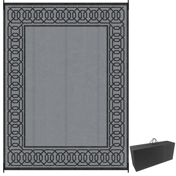 Outdoor Rug 9' x 12' Reversible Waterproof Polypropylene Mat with Black and Gray Border for Patio, Backyard, and RV Camping