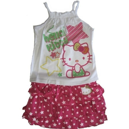 Little Girls Fuchsia Star Patterned Tiered 2 Pc Skirt Outfit 4-6X