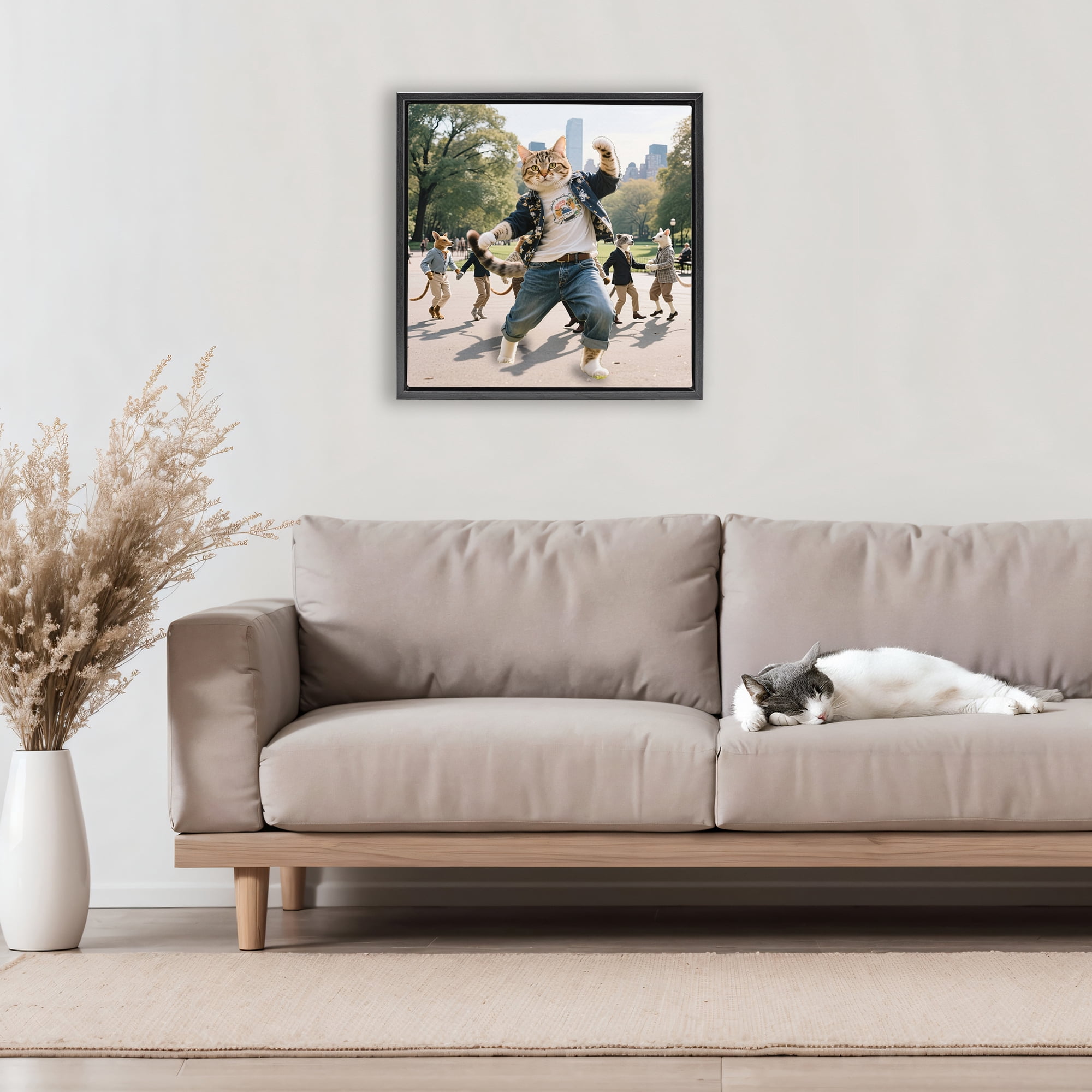 Stupell Industries Stylish Cat Dancing in Park Black Framed Floater Canvas Wall Art, design by CAD Designs