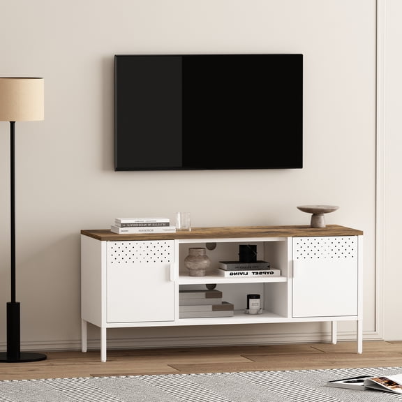 Cterwk TV Stand for TVs up to 40", Modern TV Cabinet with 2 Doors and 2 Open Shelvs, Entertainment Center for Living Room, White