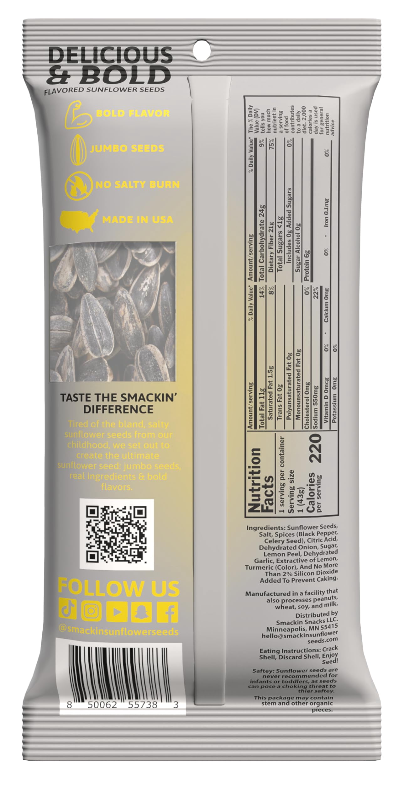 SMACKIN' Sunflower Seeds, Roasted Jumbo Small-Batch, American Made - Lemon Pepper. 1.5oz bags (36 Pack)