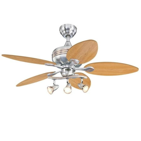 

Westinghouse 7233100 44 in. Ceiling Fan with Dimmable LED Light Fixture Brushed Nickel Finish with Copper Accents Reversible Blades Maple & Mahogany Spot Lights