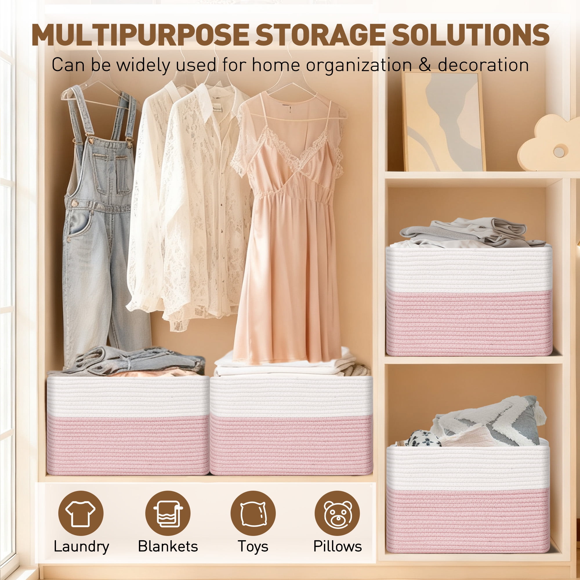 3 Pack Storage Basket, 11"x11"x9" (18L) Rectangle Woven Baskets for Storage, Cotton Rope Basket for toys, Towel Baskets, Closet Organizer Bins Shelves Organizer, Decorative Basket (Pink& White)