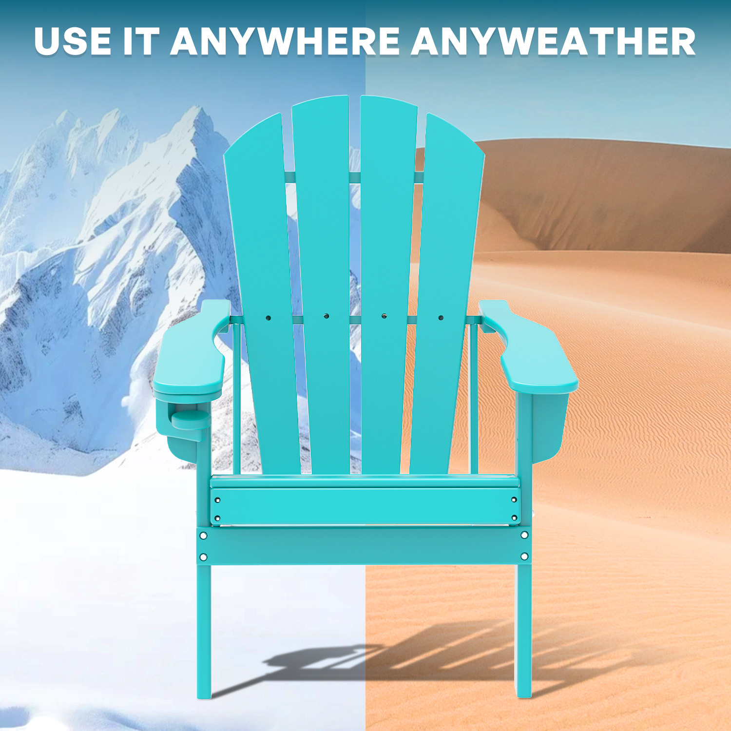 FURRYFECTION Folding Adirondack Chair Set of 2 with Cup Holder,All-Weather HDPE Outdoor Fir Pit Chairs for Patio Garden Backyard,Aqua