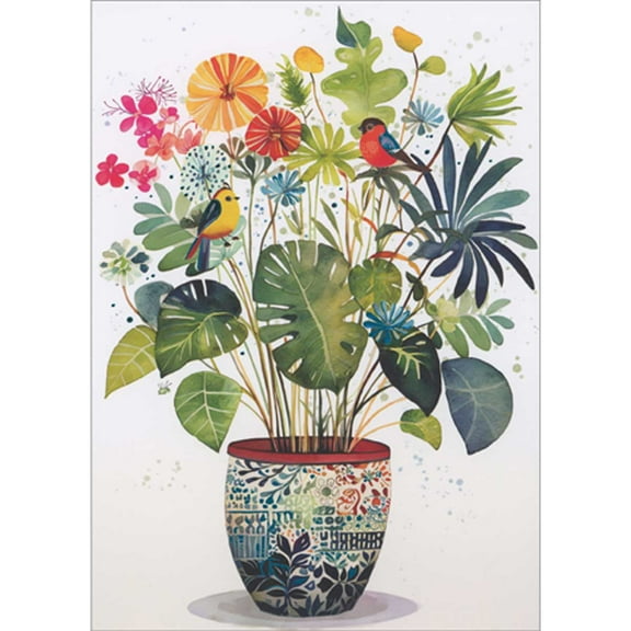 Bug Art Decorative Pot, Small Birds and Long Stemmed Flowers with Large Leaves Blank Note Card