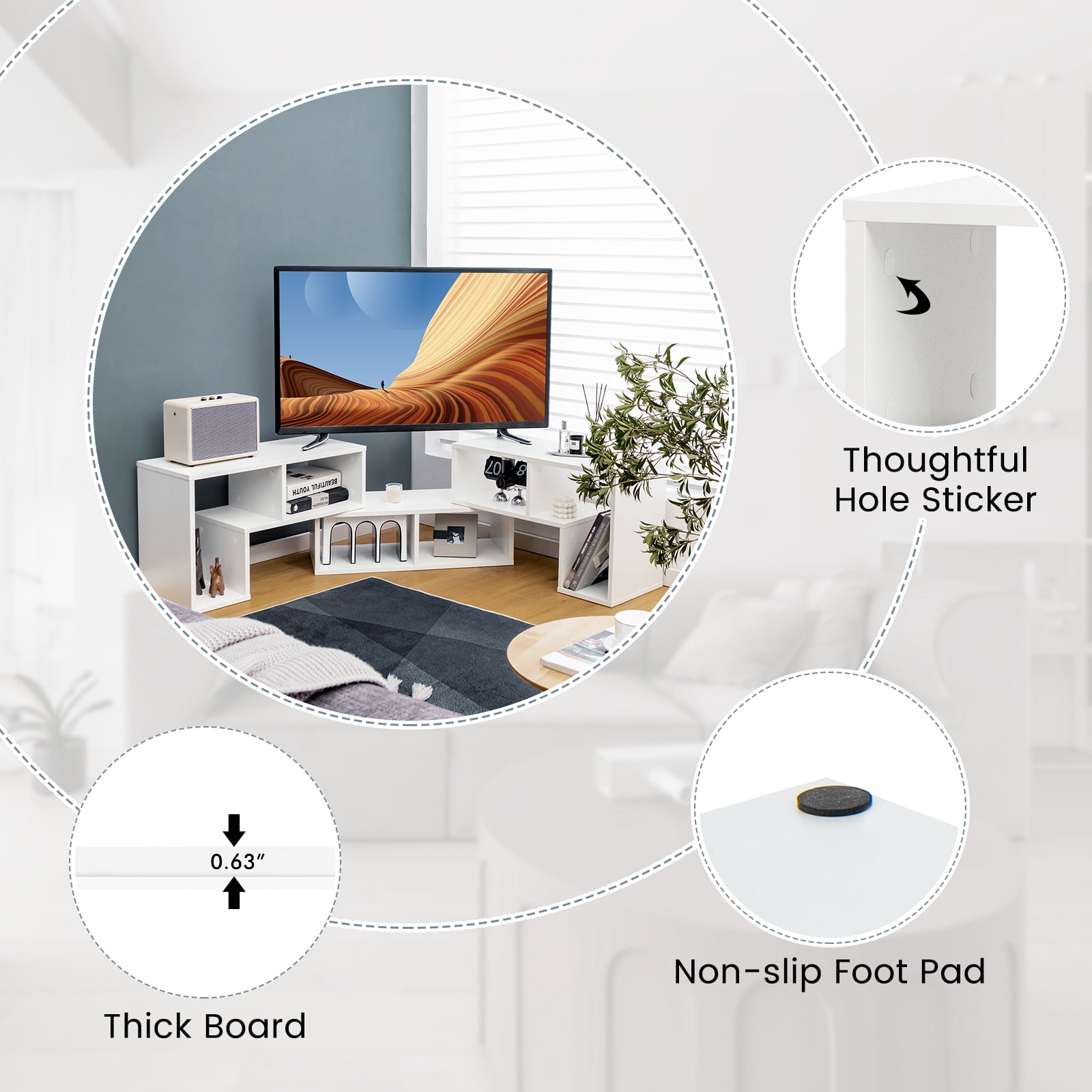 Topbuy 3 PCS Adjustable TV Stand Minimalist Entertainment Center for 43 55 60 65 Inch TV Media Table White
