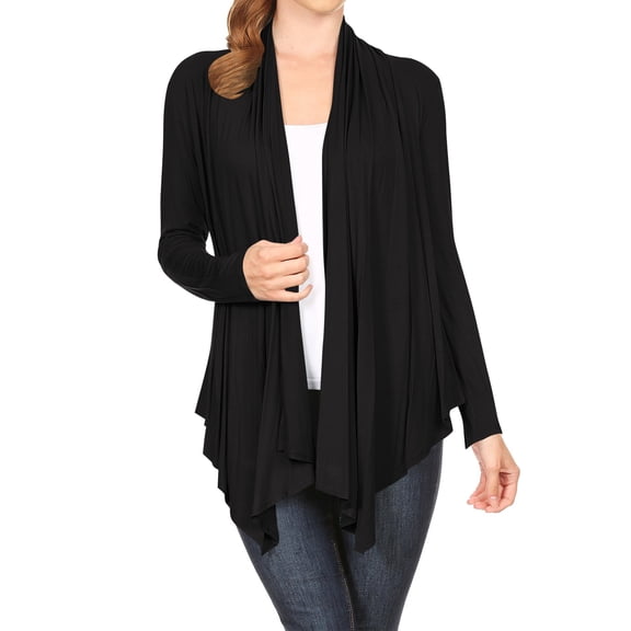 Moa Collection Women's Long Sleeve Draped Neck Open Front Waist Length Solid Cardigan