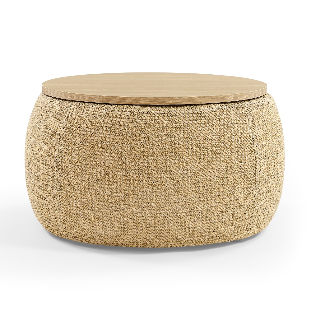 Tcbosik 25.5inch Storage Round Ottoman, End Table with Wood Lid, Footstool for Home Office Living Room, Natural