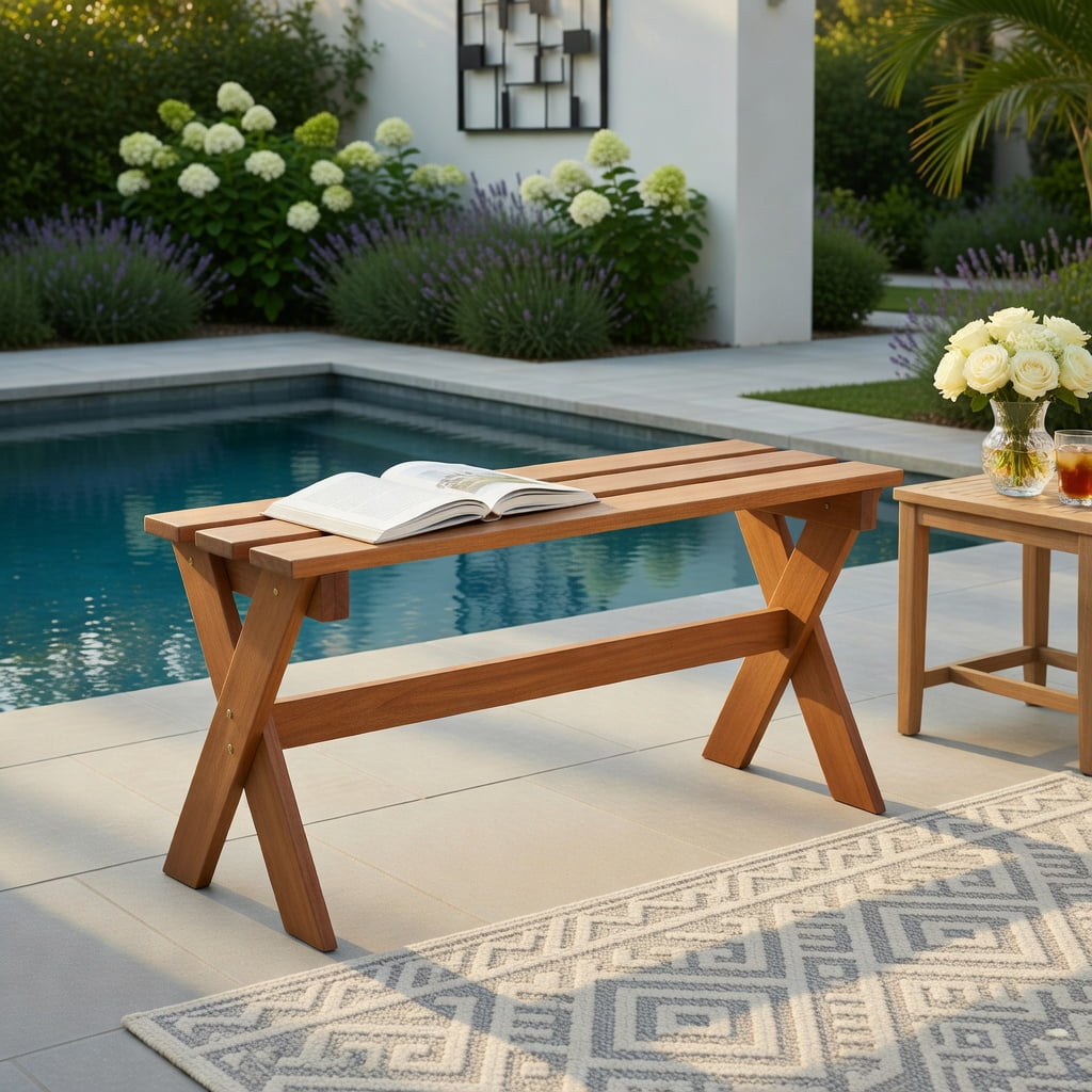 Hommoo 36" Solid Hardwood Outdoor Patio Bench, Backless Teak Oil Finished Dining Bench for Garden, Porch & Entryway, Natural
