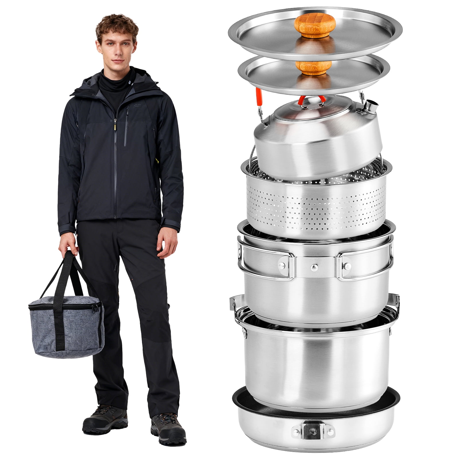 Zimtown Camping Cookware,Camping Pot Set for Outdoor Backpacking Camping,Outdoor Kitchen, Picnic,Hiking and Fishing,Stainless Steel