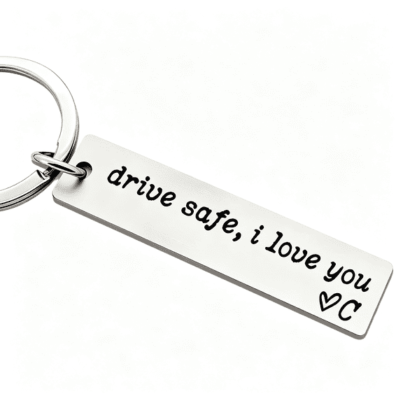 DESIGNICE Drive Safe I Love You Keychain, A–Z Initial Engraved Stainless Steel Key Ring, Personalized Gift for Boyfriend, Husband & Family Members Drive Safe Keychain for Him