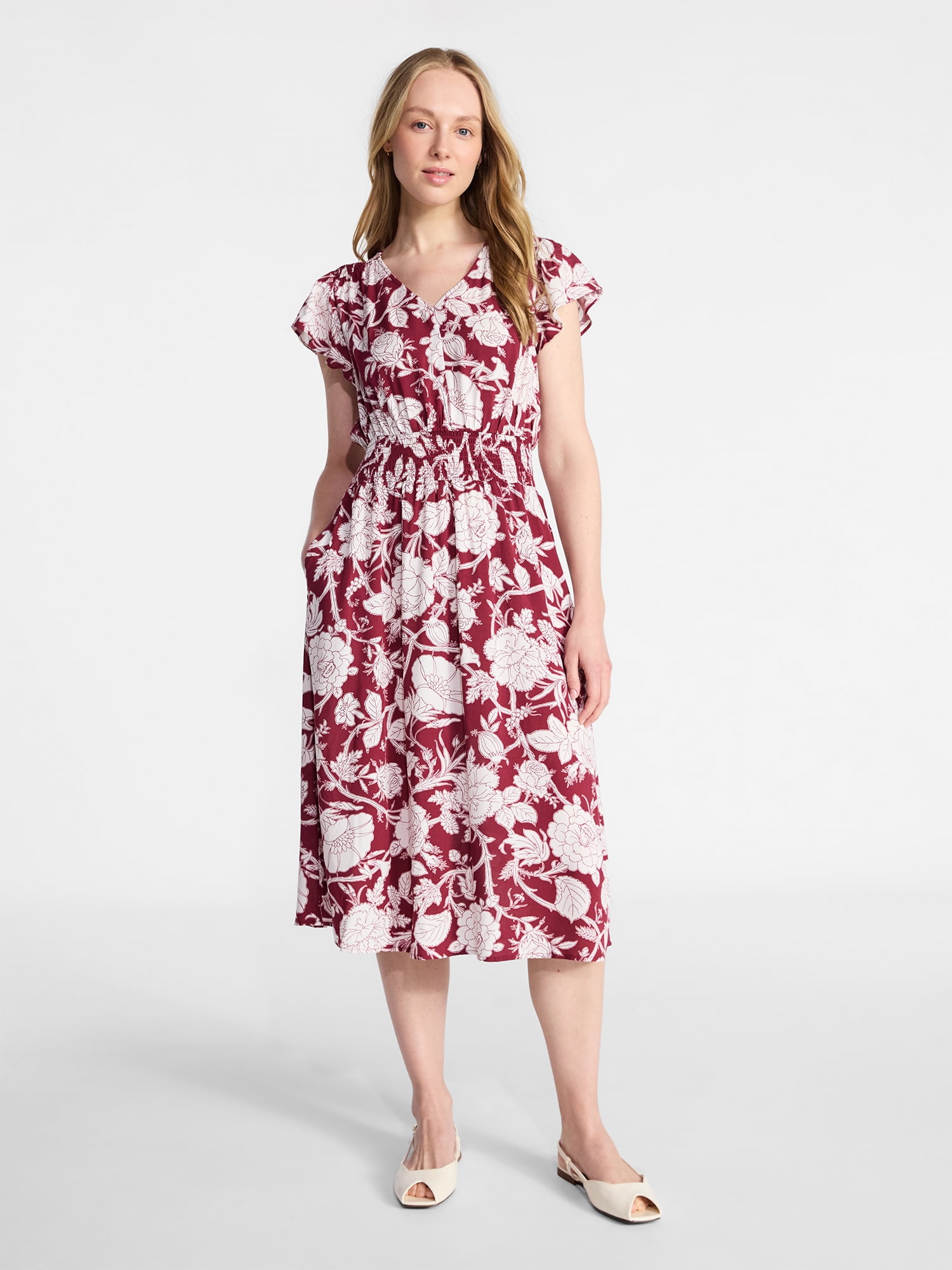 Time and Tru Women’s and Women’s Plus Smocked Waist Midi Dress with Flutter Sleeves, Sizes XS-4X