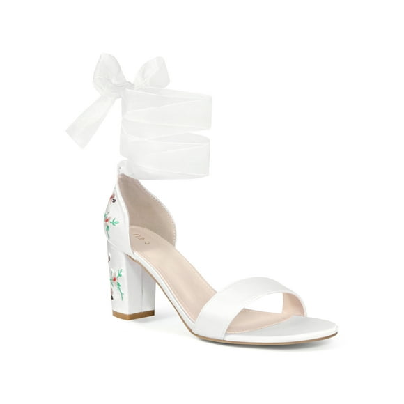 BLISSFUL STEP Women's Satin Floral Print Block Heel Sandals White 7.5