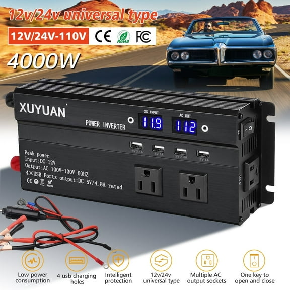 Inverter, DFITO 1200W Car Power Inverter Dc 12V/24V to 110V Ac Converter, with 2 Dual Ac Outlet and 4 USB Car Charger for Camping/ Road Trips/ Outdoor Work