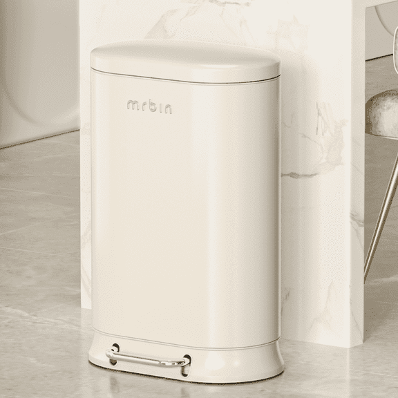 MRBIN Metal Kitchen Trash Can with Lid, 30L / 7.9gal Commercial Step Waste Basket for Bathroom, Medium Office Garbage Pail with Stainless Steel Foot Pedal for Near Desk, Bedroom, Rv, White