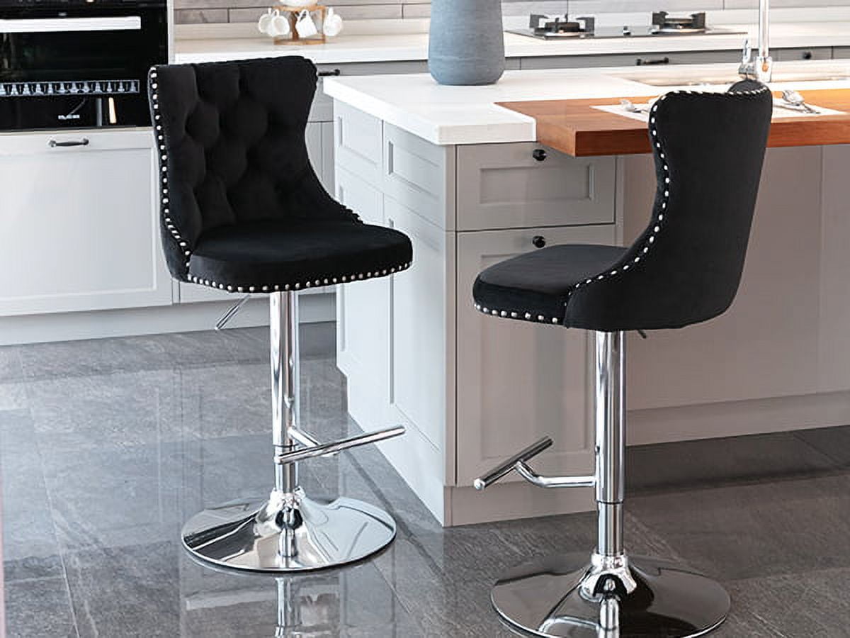 ODUSE-DAILY Black Velvet Bar Stools Set of 2 - Adjustable Swivel Counter Height Chairs with Tufted Back and Nailhead Trim for Kitchen Island Pub Restaurant (2Pcs, Chrome Metal, Black)