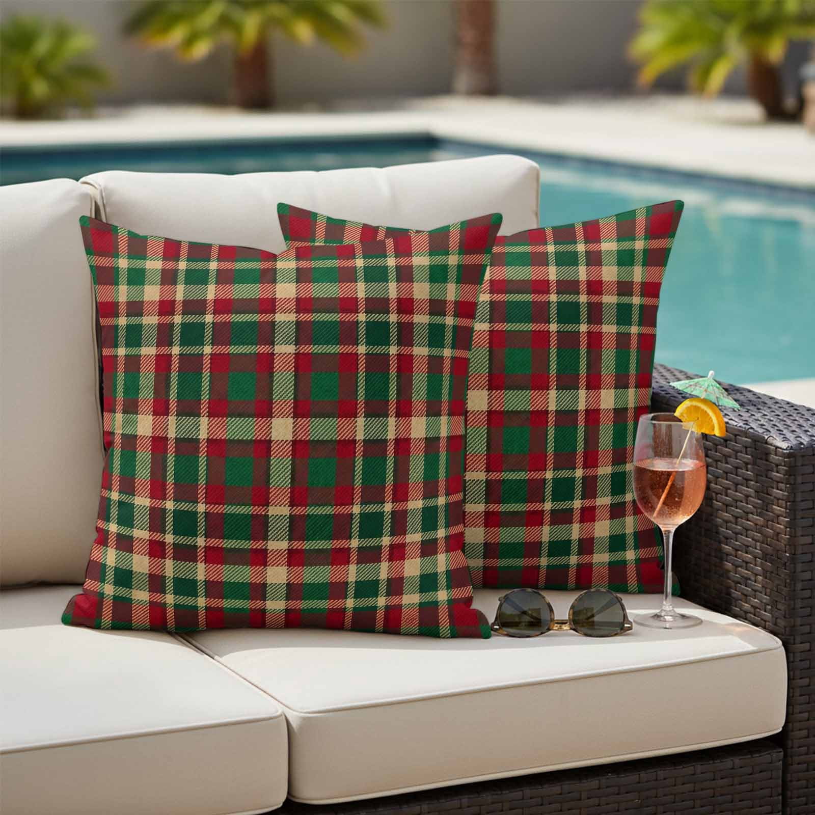 Autumn Plaid Outdoor Waterproof Pillow Covers, Red Green Tartan Gingham Farmhouse Checkered Decorative Square Throw Pillowcase Sofa Cushion Sham for Patio/Couch/Chair, 20"x20" 2 Pack