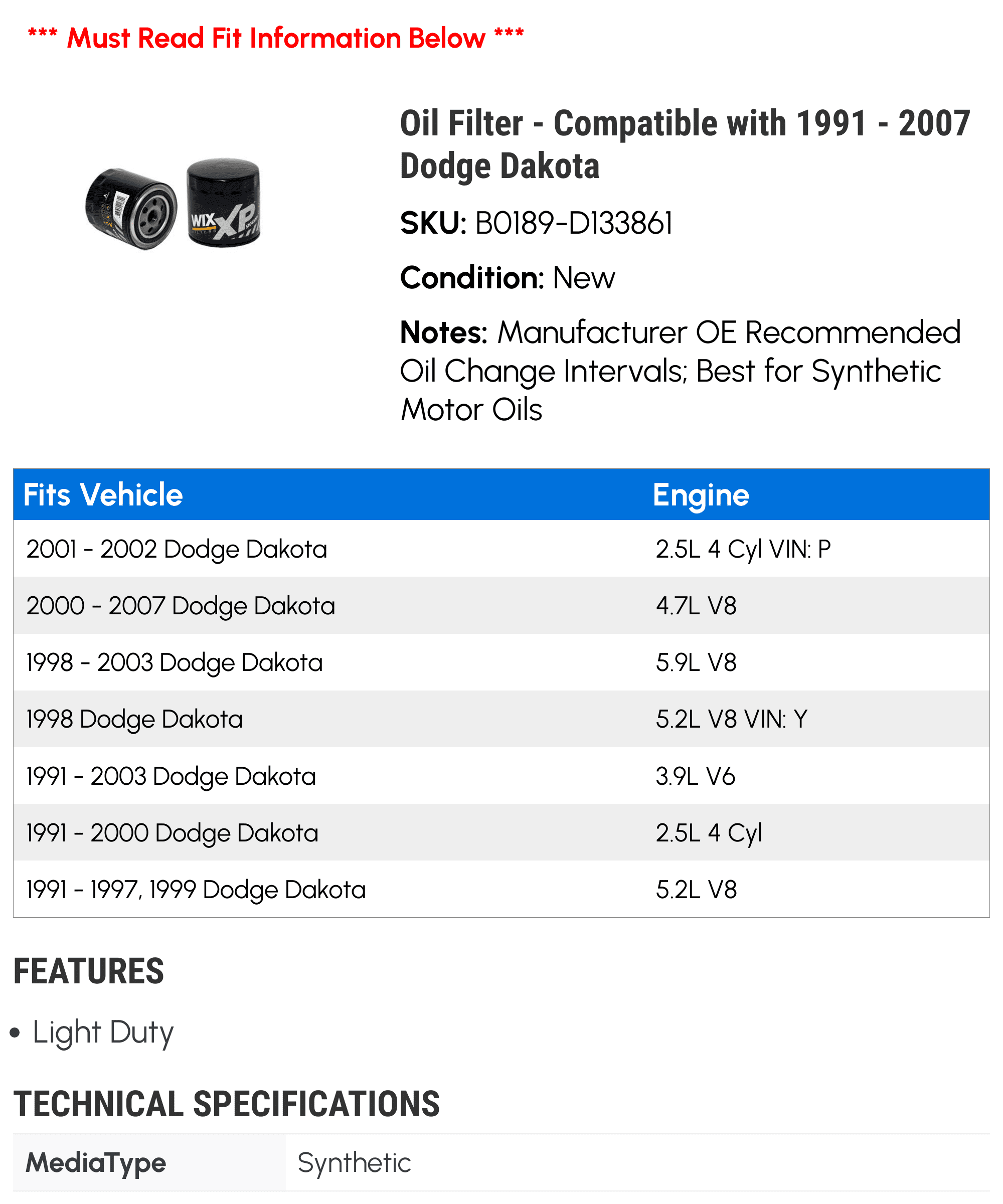 Oil Filter - Compatible with 1991 - 2007 Dodge Dakota 1992 1993 1994 1995 1996 1997 1998 1999 2000 2001 2002 2003 2004 2005 2006