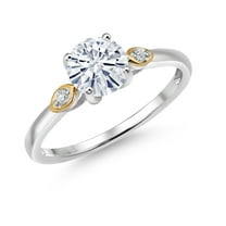 Gem Stone King 925 Silver and 10K Yellow Gold White Moissanite and White Lab Grown Diamond 3-Stone Engagement Ring for Women (1.03 Cttw, Gemstone Birthstone, Size 7)
