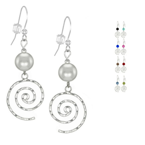 Beautiful Handmade Hammered Swirl Sterling Silver Beaded Earrings - Silver Crystal Pearl