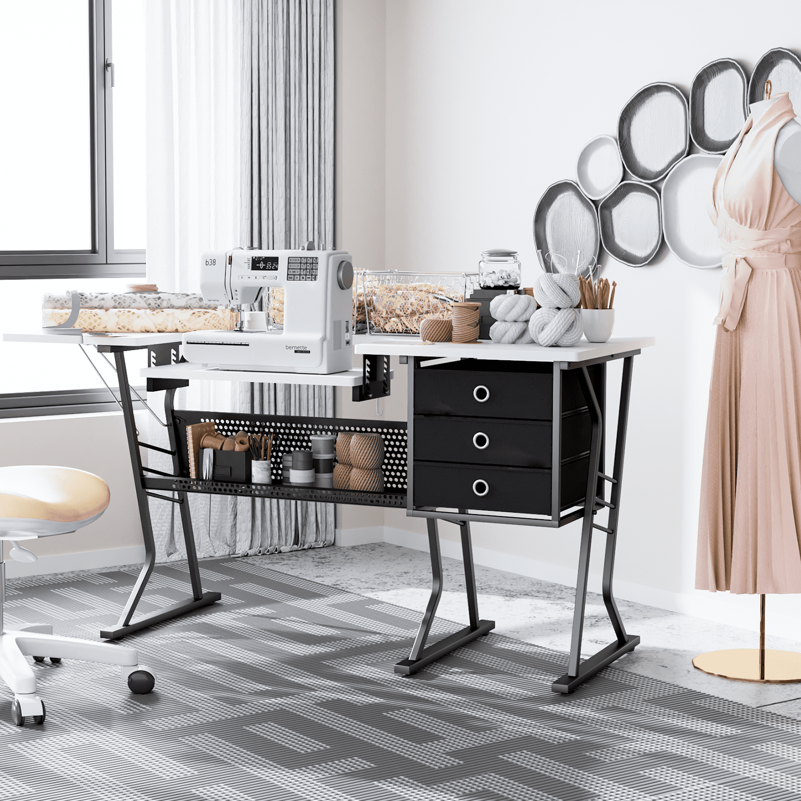 MoNiBloom Sewing Machine Table with Fold-Down Top, Height Adjustable Platform Craft Table with Storage Shelves & Drawers, White